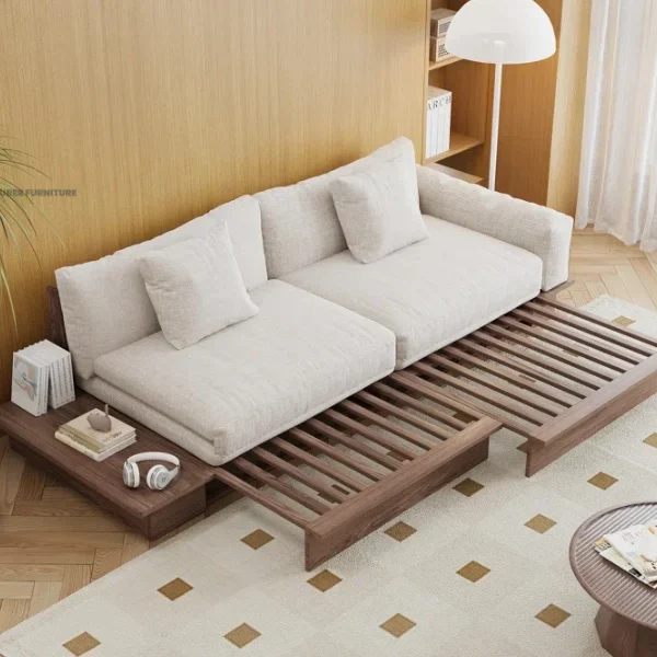 Japandi Solid Wood Sofa Bed with Liftable Armrest Storage Box