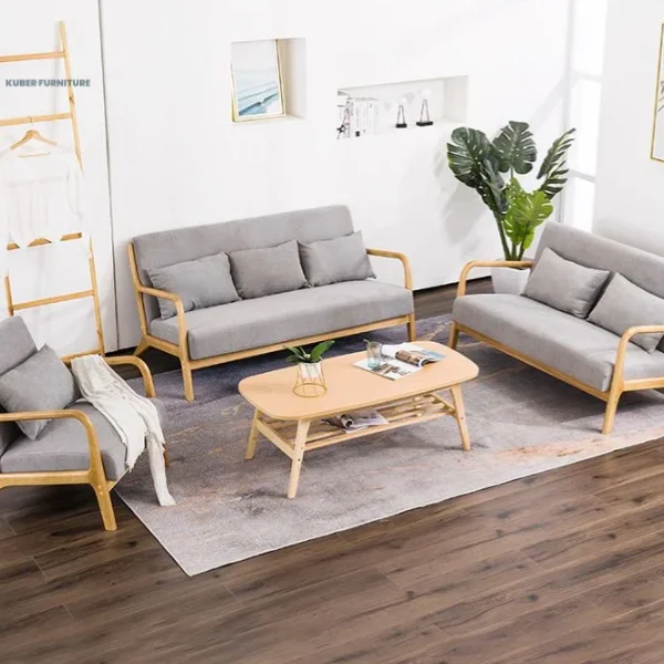 Nordic Charm Solid Wood Sofa Set in Grey Upholstery