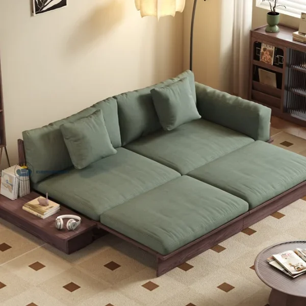 Japandi Solid Wood Sofa Bed with Liftable Armrest Storage Box